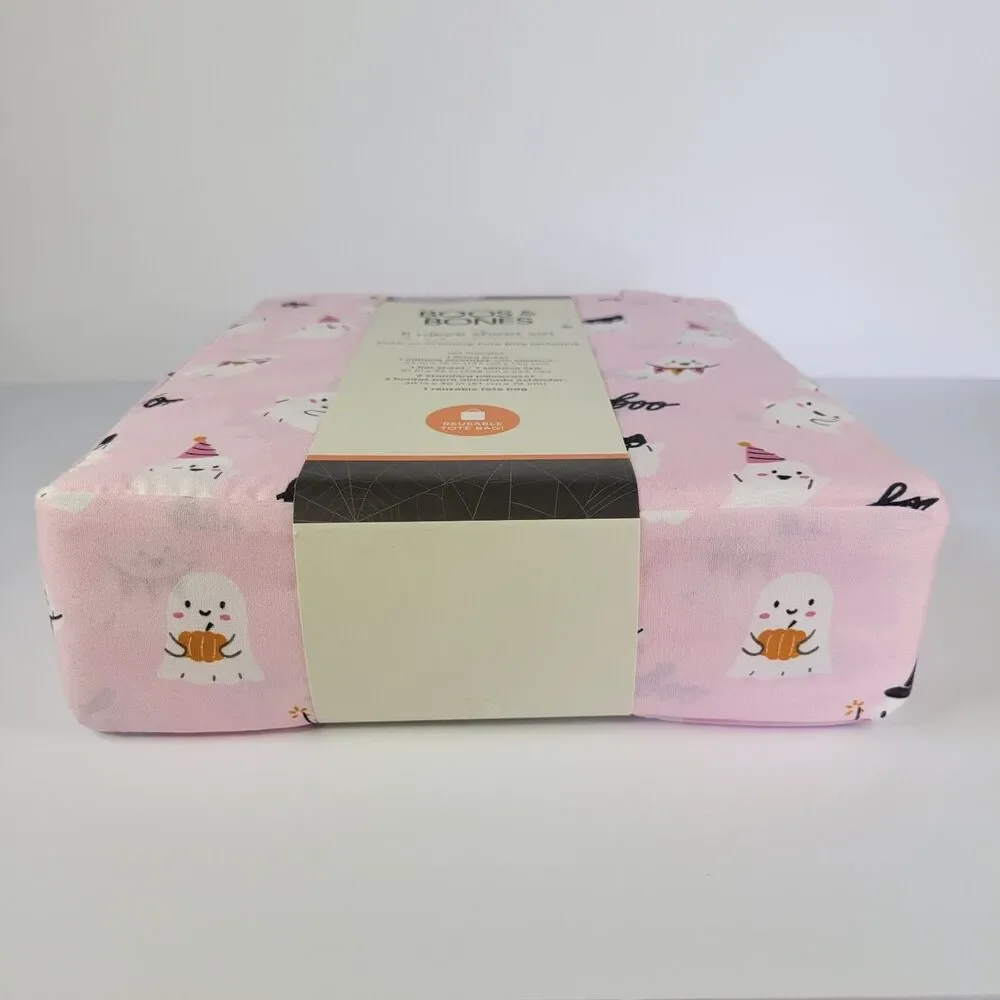 Halloween Pink White Cute Ghosts Boos & Bones FULL 5pc Sheets Set Girls Bedding